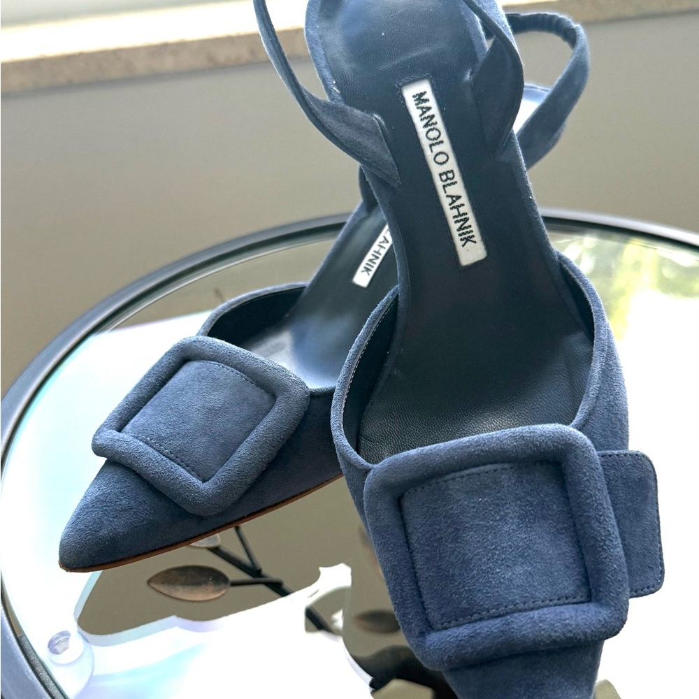 Manolo Blahnik Dark Blue Suede Slingback Heels - Picture 9 of 11
